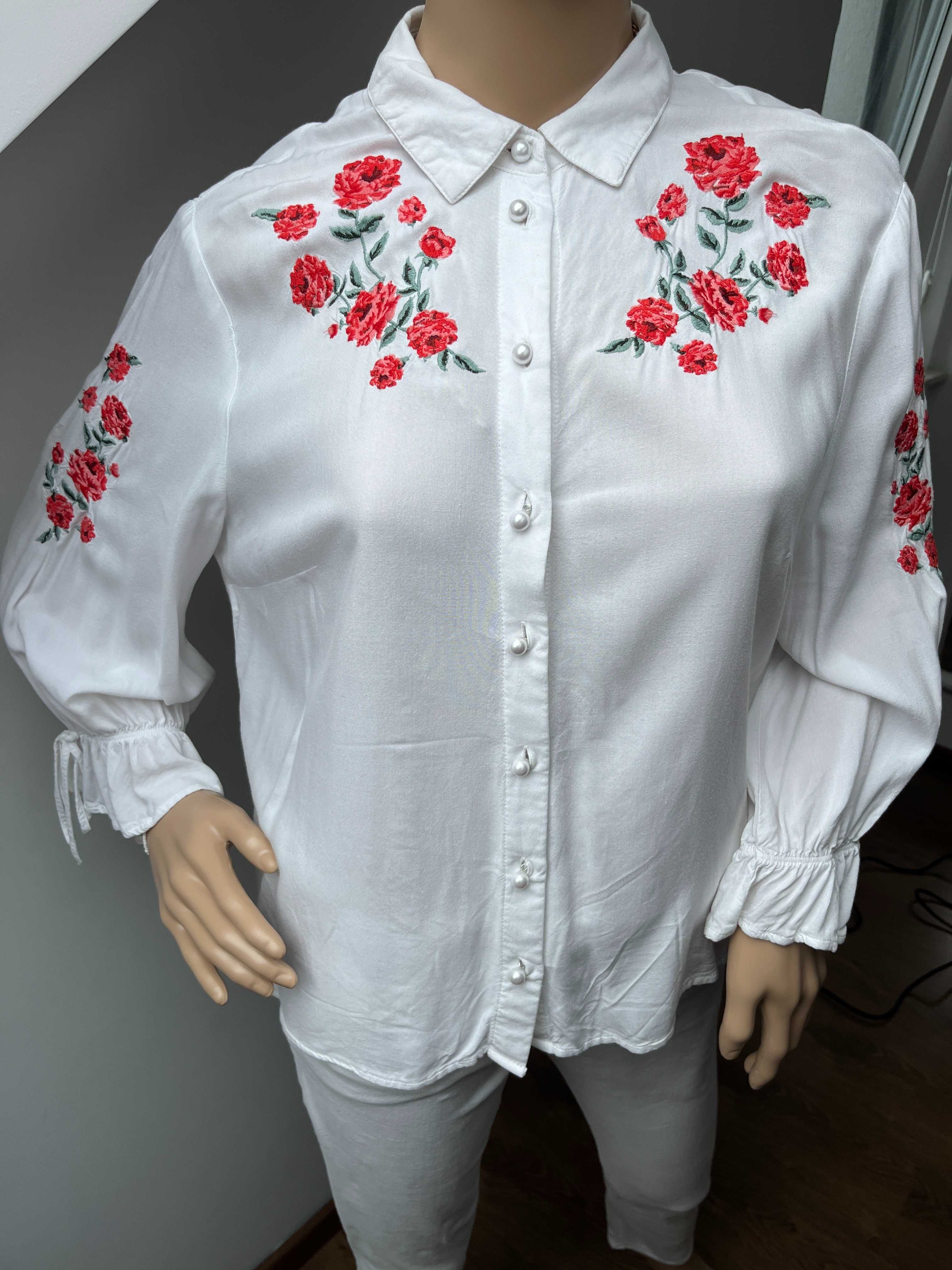 Letnia Bluzka HM Biała w Kwiaty 100% Wiskoza Wakacyjna Boho, Rozmiar L