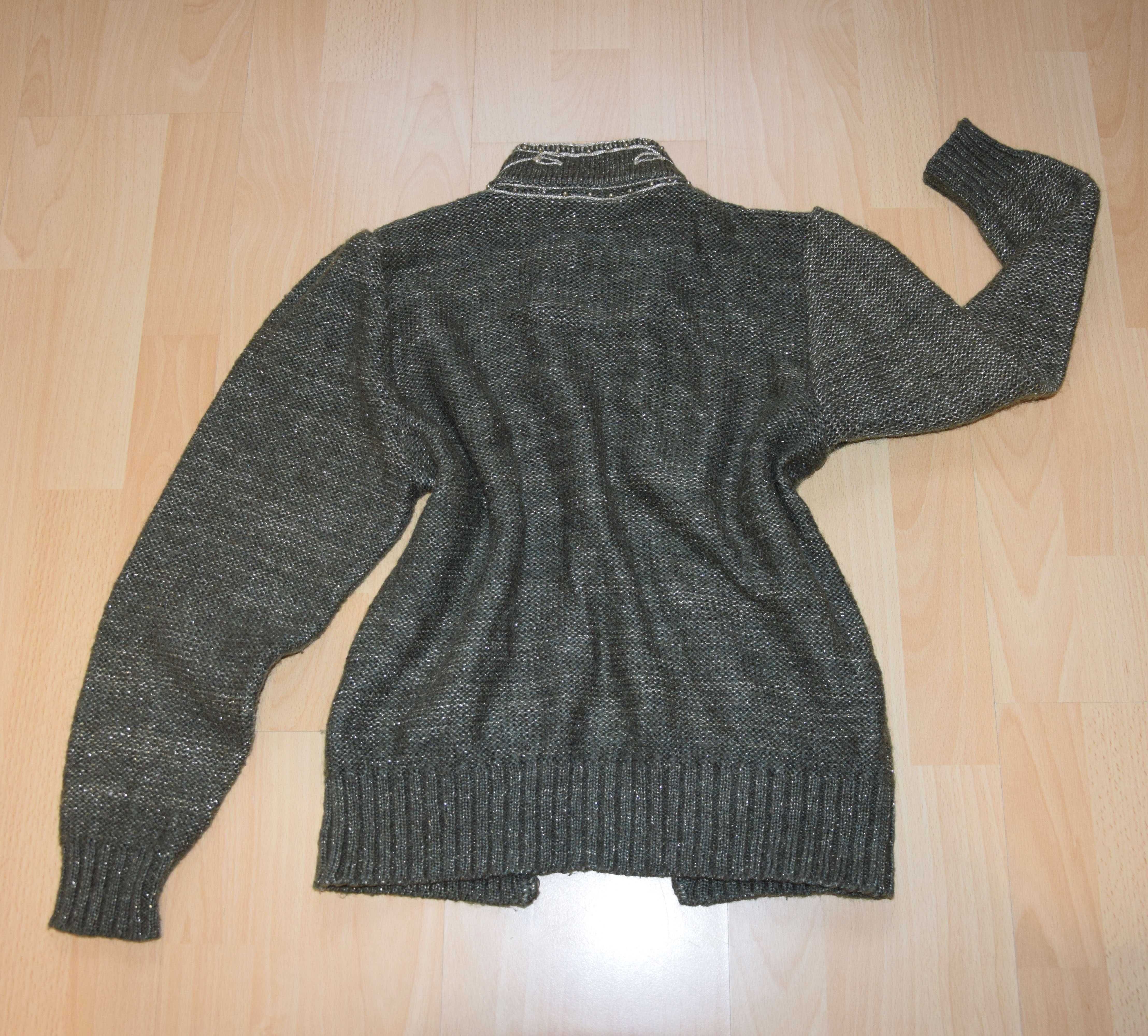 Stylowy sweterek 134/140khaki złota nitka rozpinany vintage