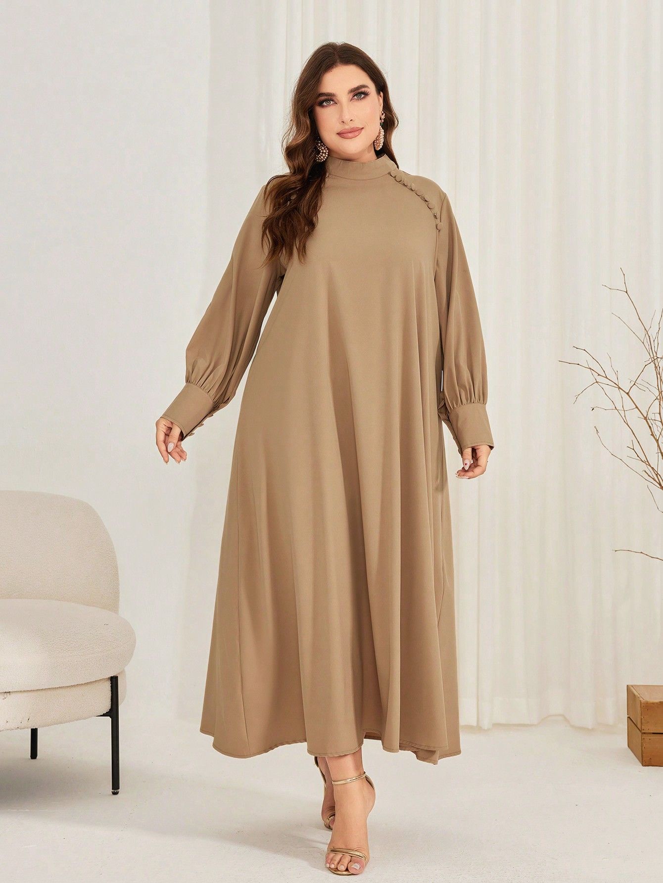 Sukienka Maxi Elegancka Z Bufiastymi Rękawami Stójka Beżowa Shein 5Xl