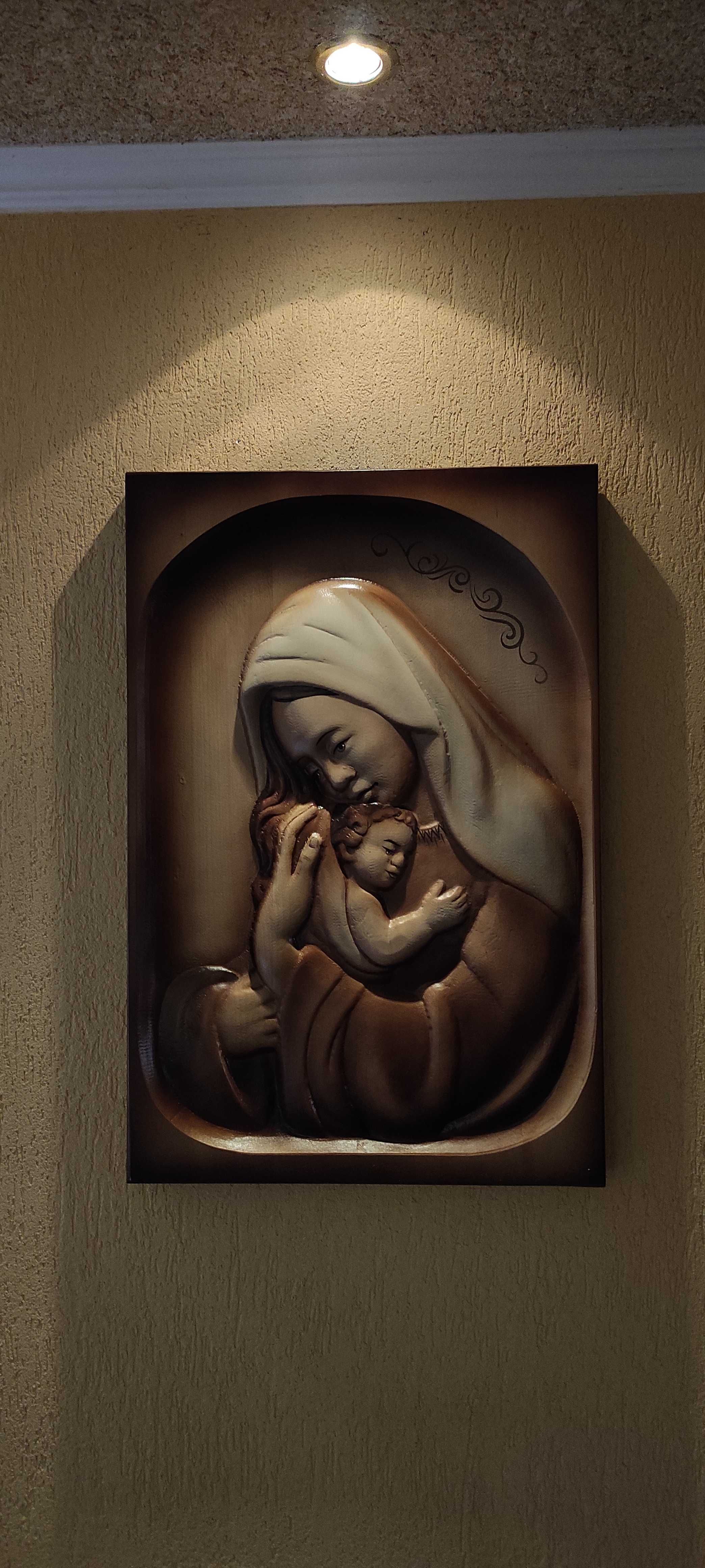 Drewniana Płaskorzeźba - obraz Maryja z dzieciątkiem 75cm