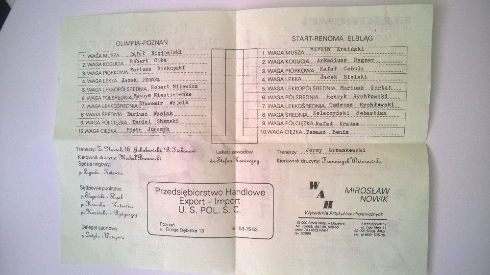 Program boks 1994 Olimpia Poznań- Start Elbląg