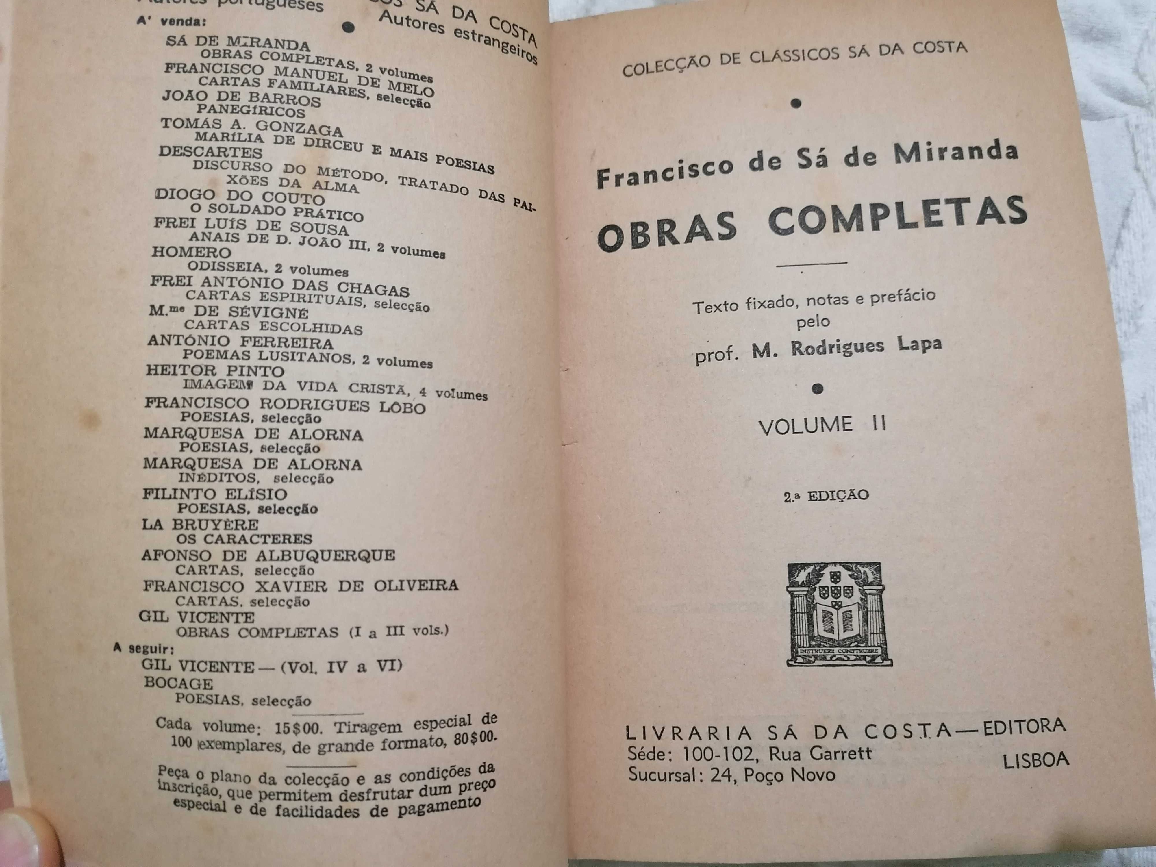 Obras completas Francisco de Sá de Miranda de M. Rodrigues Lapa, 2ªedi