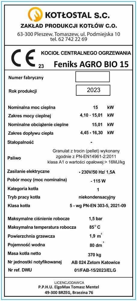 Kocioł na pellet FENIKS AGRO BIO o mocy 15 kW - EcoDesign 5 Klasa