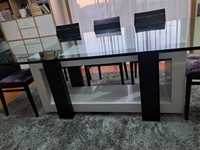 Mesa sala de Jantar com tampo em vidro e pé lacado + 8 cadeiras
