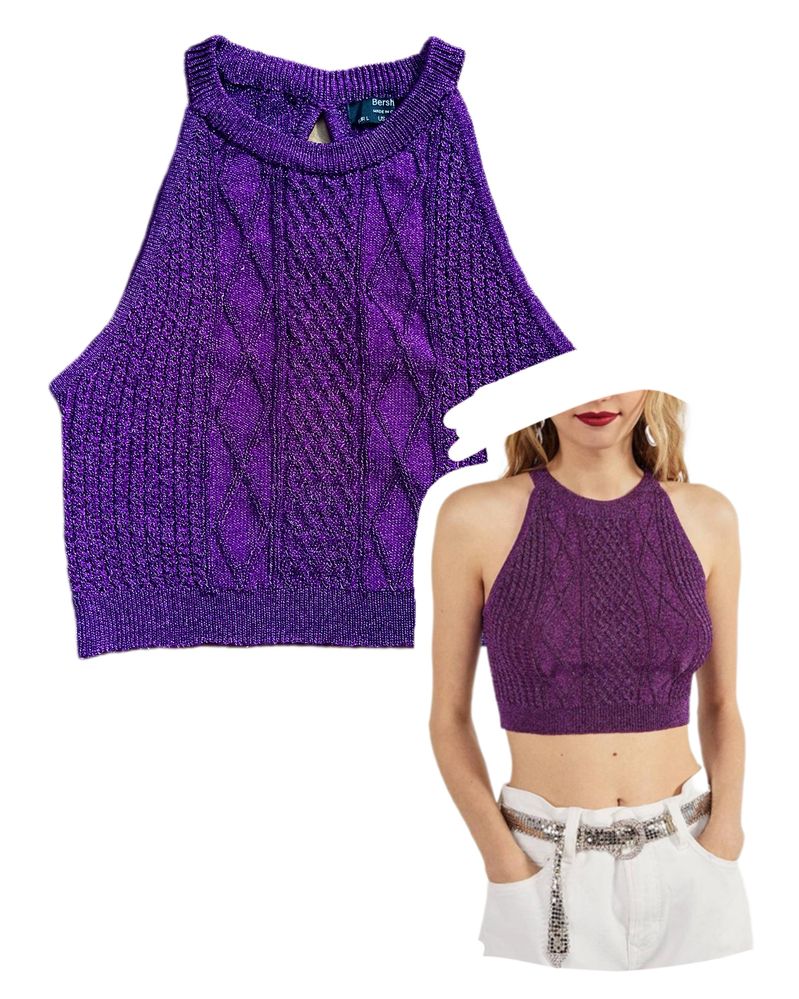 Fioletowy błyszczący z metaliczną nitką bershka purple crop top rave