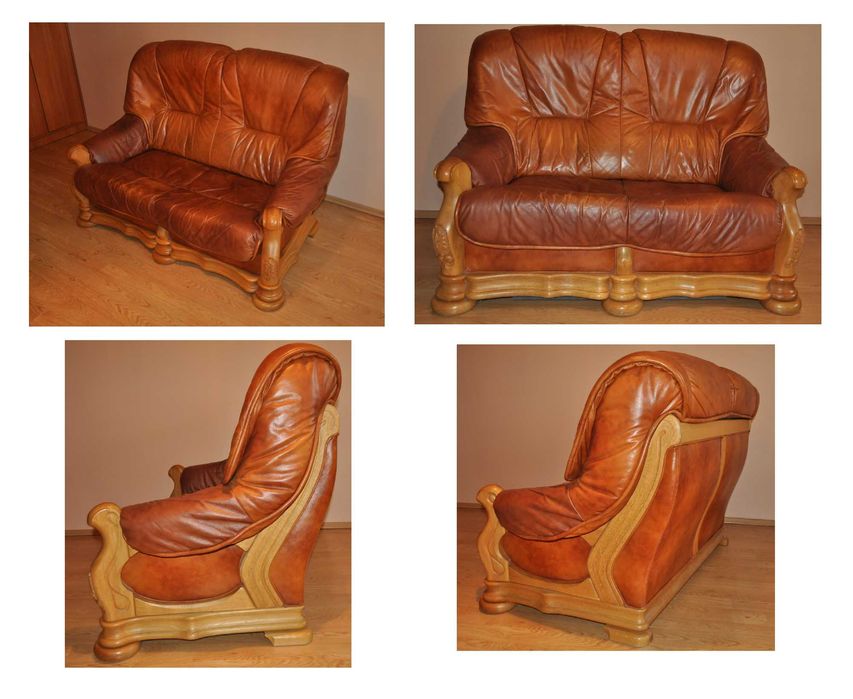 KOMPLET KLER (3+2+1) skóra nat. rzeźbiony dąb!