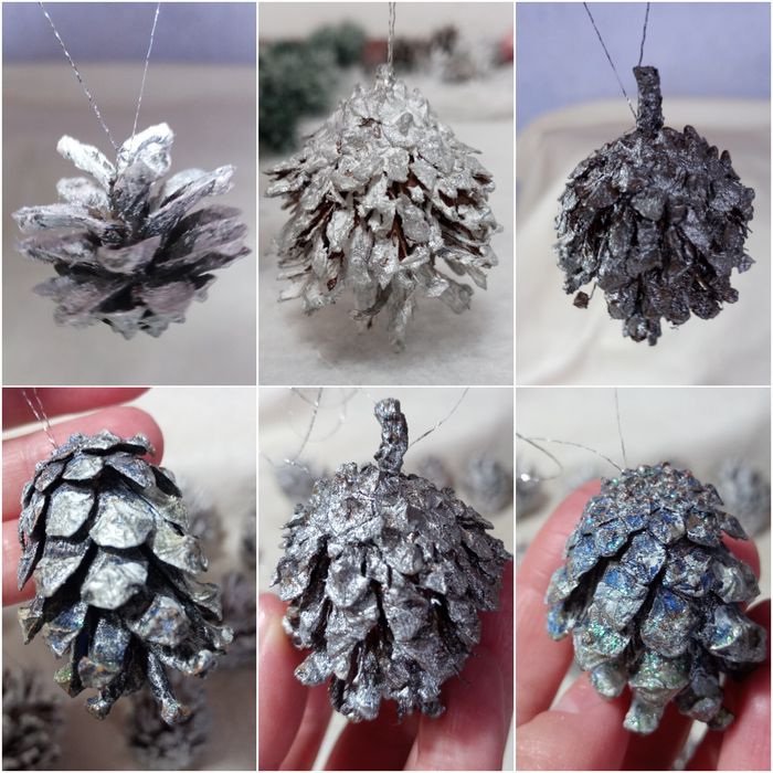 Шишки серебристі фарбовані новорічні на ялинку декор іграшки прикраси