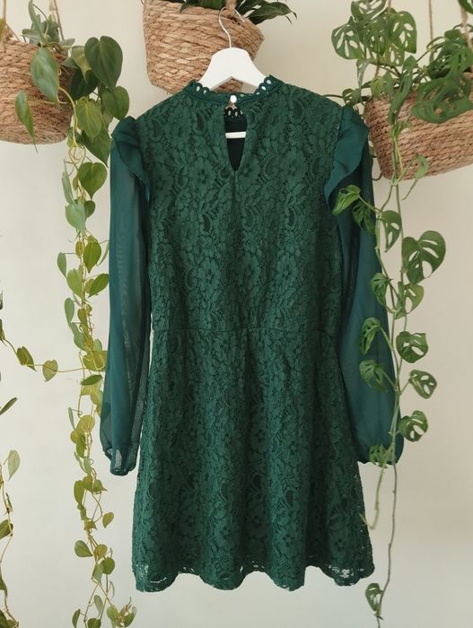 Koktajlowa, elegancka sukienka z długim rękawem, butelkowa zieleń, kor