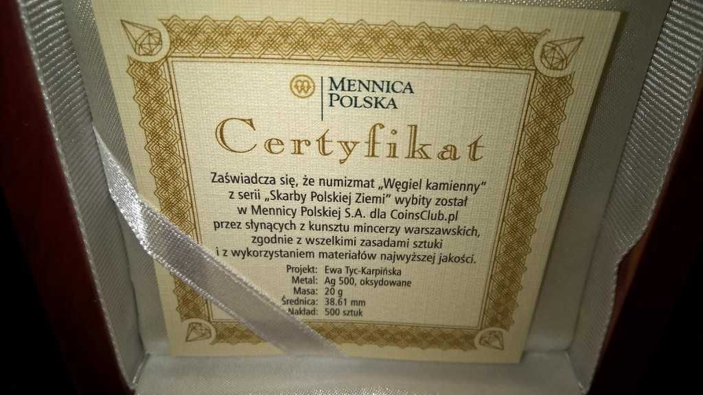 SREBRO Skarby Polskiej Ziemi Węgiel Kamienny + Certyfikat + Etui +