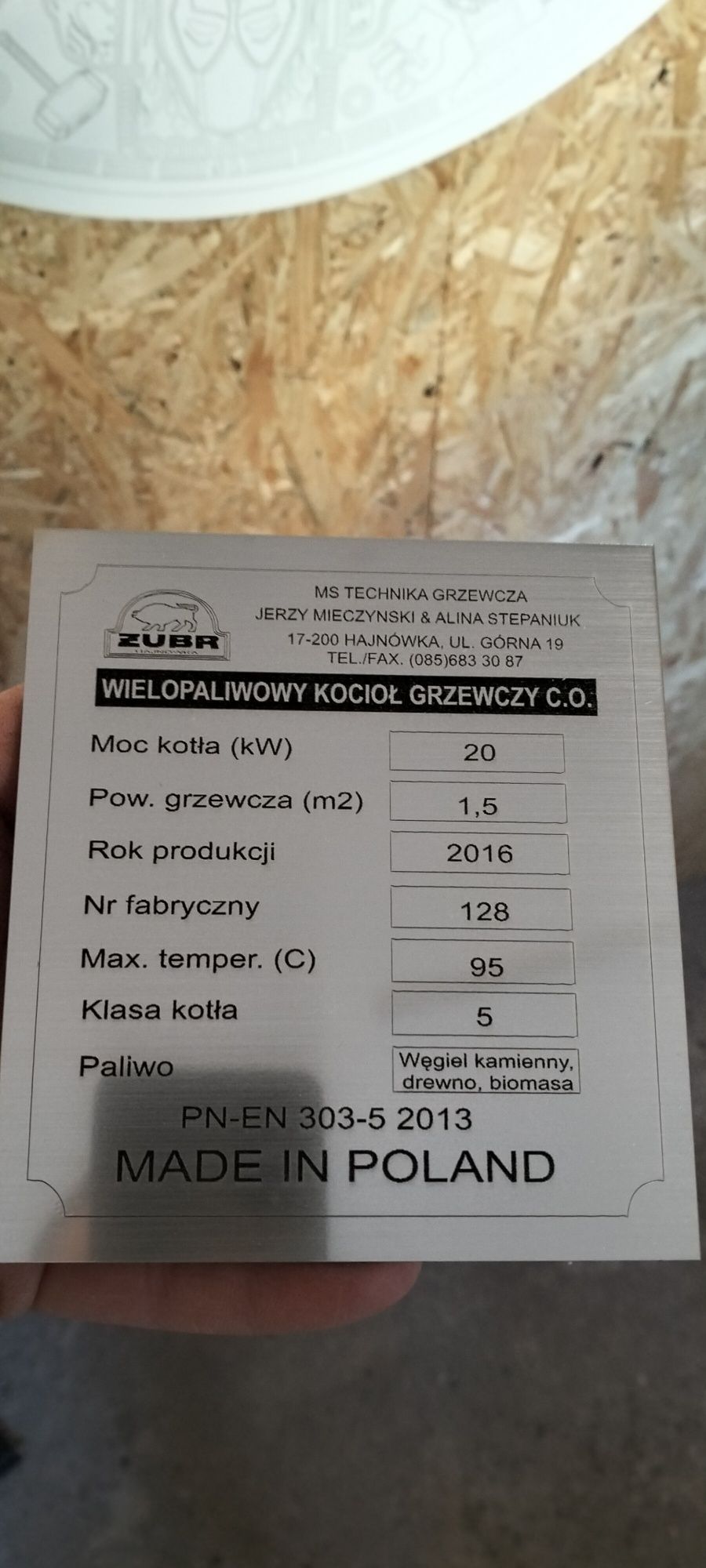 Tabliczka znamionowa pieca kotła wtórnik