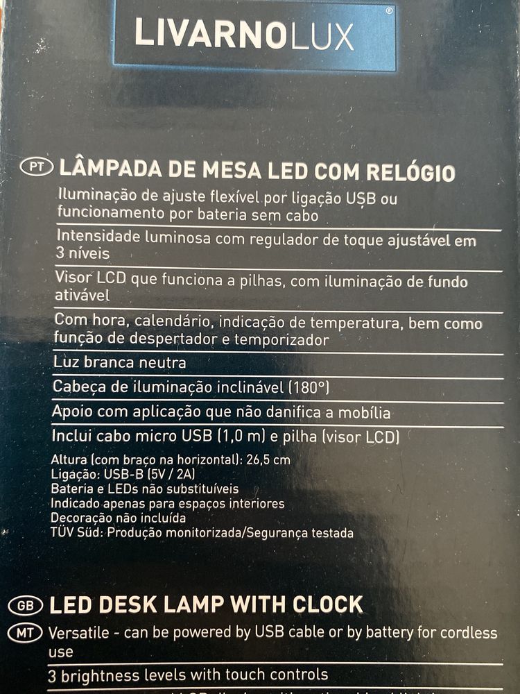 Candeeiro led de mesa / secretária com relógio