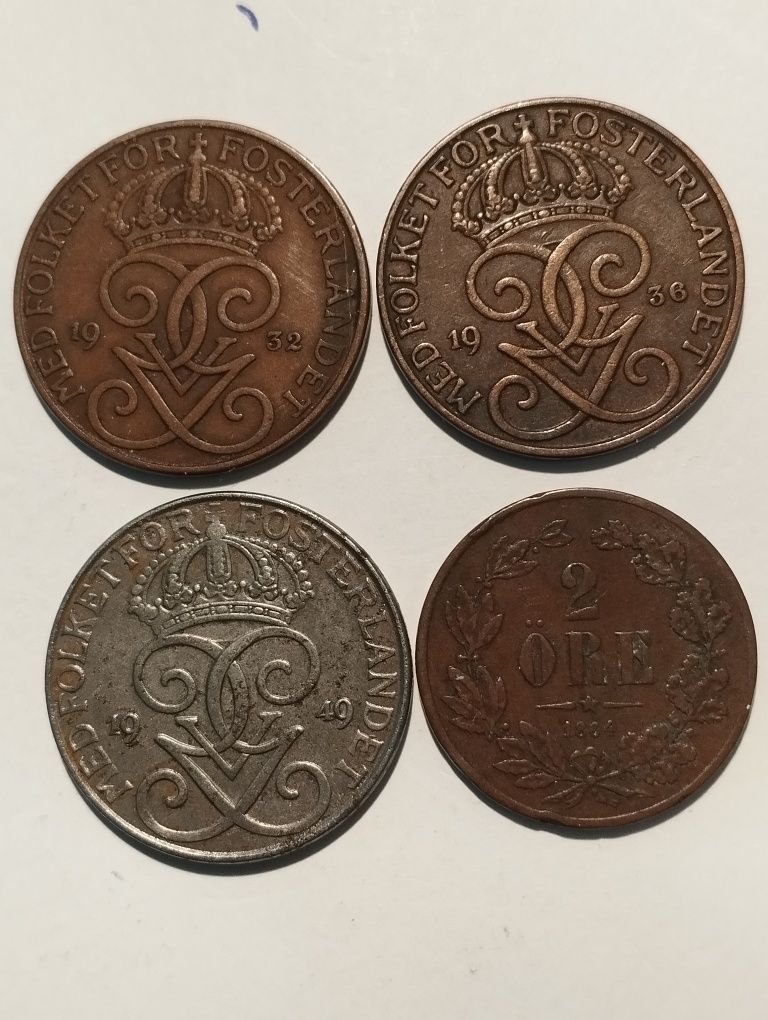 Moedas da Suécia 1932, 1936, 1949, 1864 e 1878