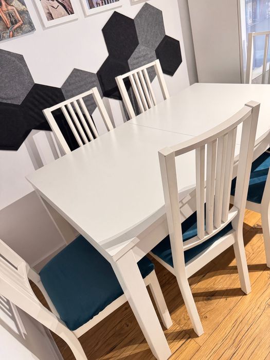 Solidny biały stół rozkładany IKEA (140-220 cm) + 6 krzeseł.
