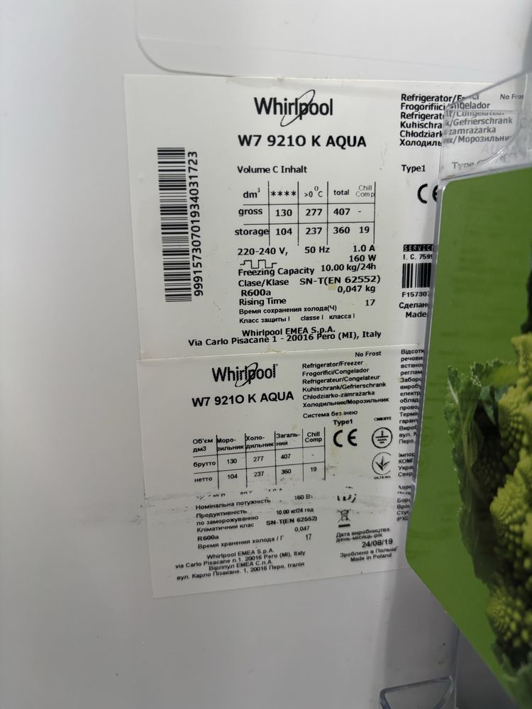 Lodówka Whirlpool W7 9210 K AQUA No Frost