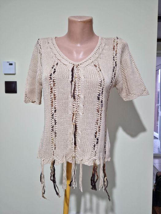 Bluzka z dzianiny bawełnianej z frędzlami beżowa