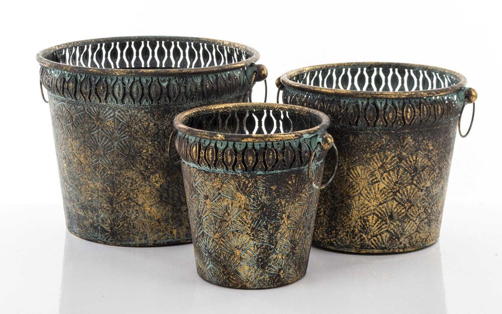 Złote Metalowe Postarzane Dekoracyjne Osłonki Doniczki Retro 142396