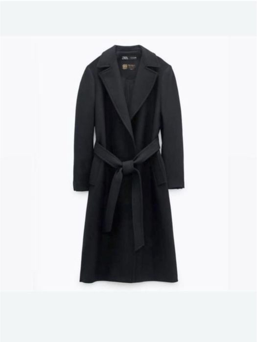 Стильное шерстяное итальянское длинное пальто на запах с поясом zara