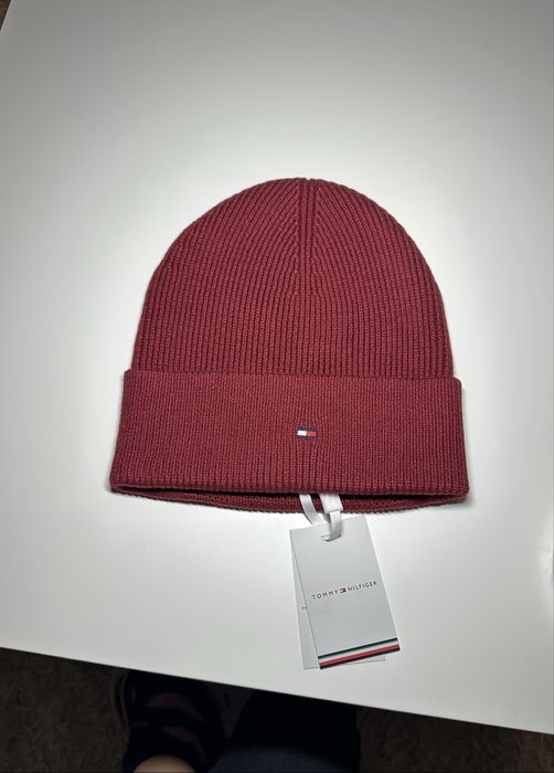 Tommy Hilfiger bordowa czapka damska zimowa bawełna kaszmir oryginalna