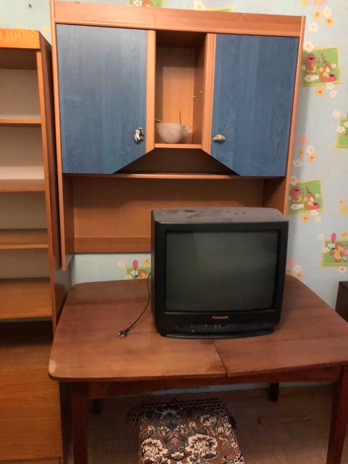 Телевизор Panasoniс с телетекстом, шкафчик синий, полированный стол.