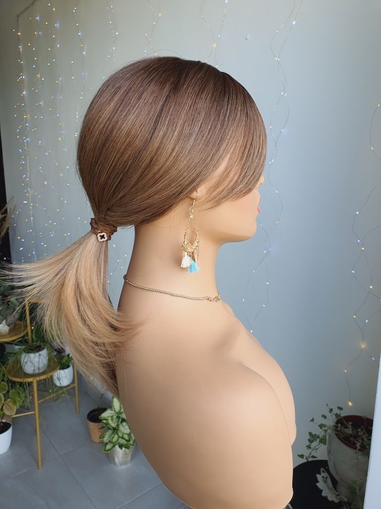 Peruka blond brąz 3D naturalana fryzura grzywka odrost Natasza