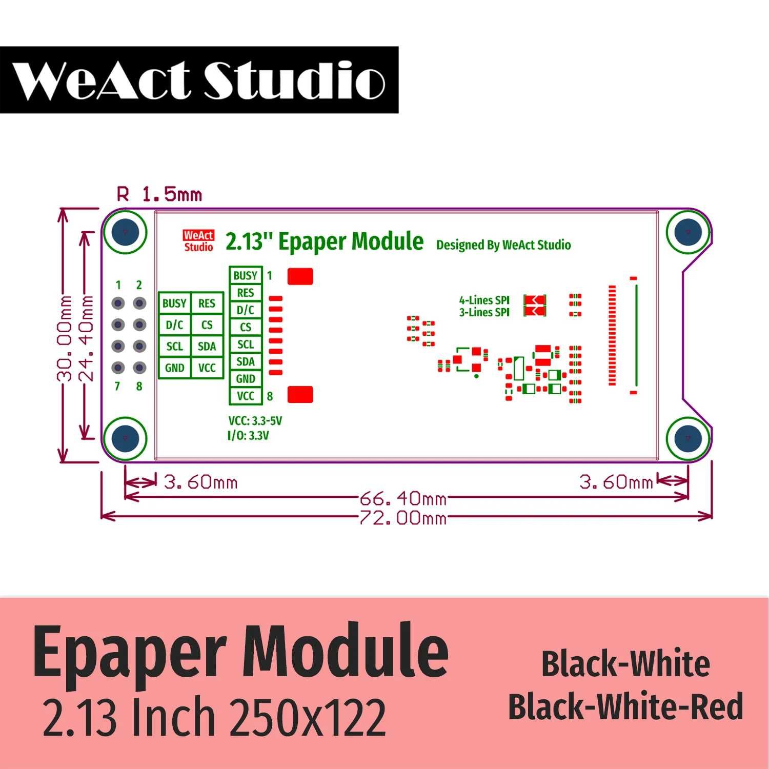 2.13'' дюйма ePaper Дисплей WeAct Studio, SPI E-paper E-Ink EInk