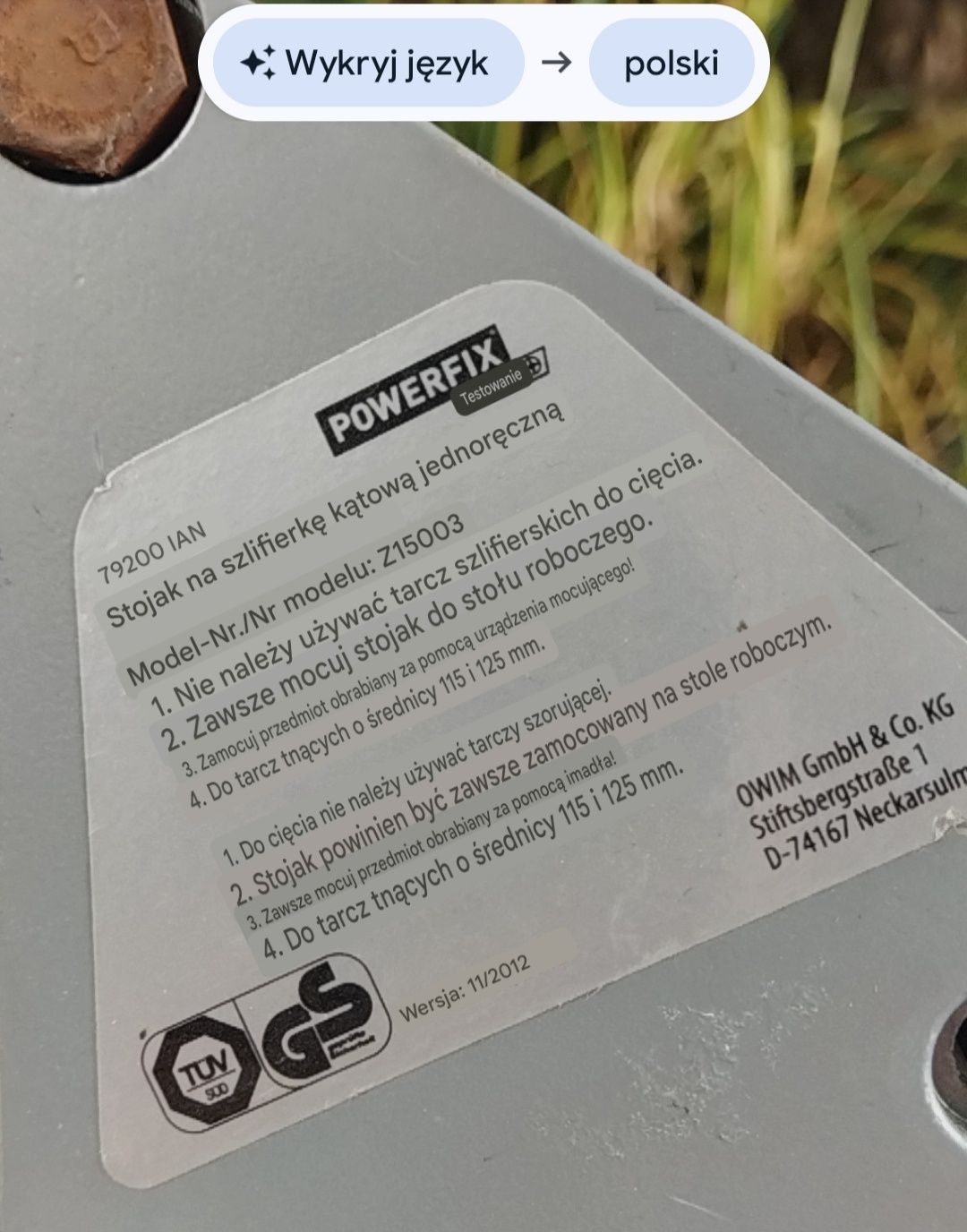 Stojak na szlifierkę kątową jednoręczną