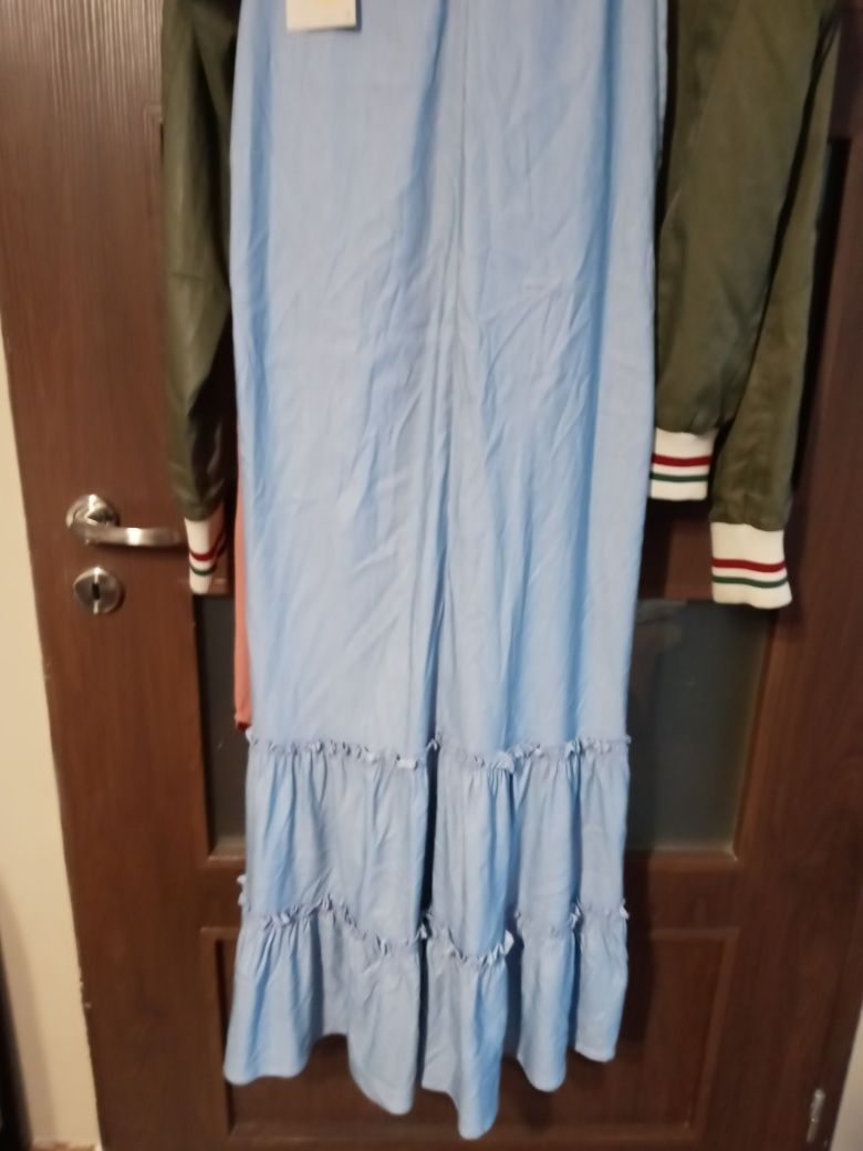 Sukienka dluga z metka M falbany jeans lekki