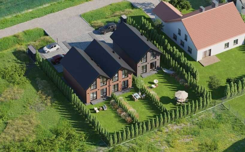 Nowoczesny bliźniak | cegła ręcznie formowana | ogród 200m2