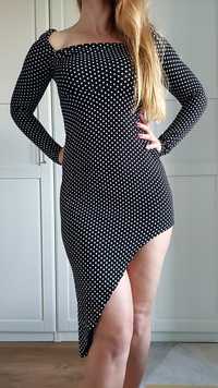Missguided czarna asymetryczna sukienka mini midi białe kropki XS 34