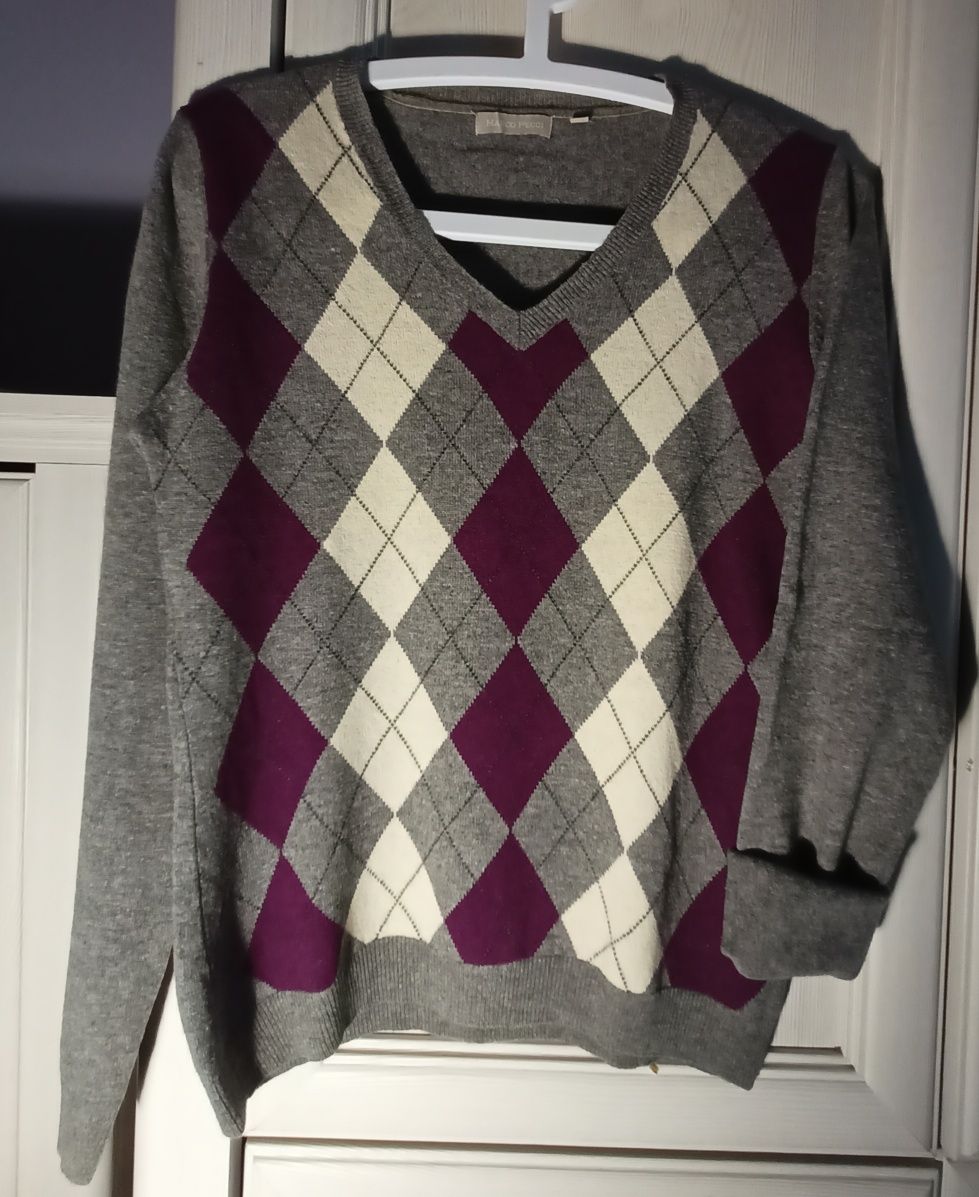 S M oversize wełniany sweter romby 100 wełna vintage jak nowy woolmark