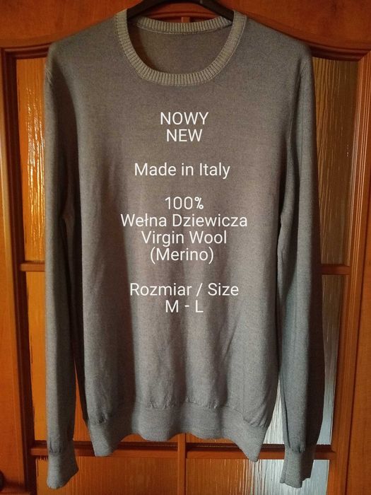 Włoski męski sweter z dzianiny wełnianej, 100% Merino, Rozmiar 
M-L