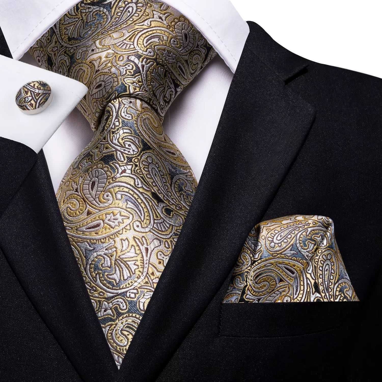 Elegancki Biznesowy Zestaw Krawat Poszetka Spinki - N271