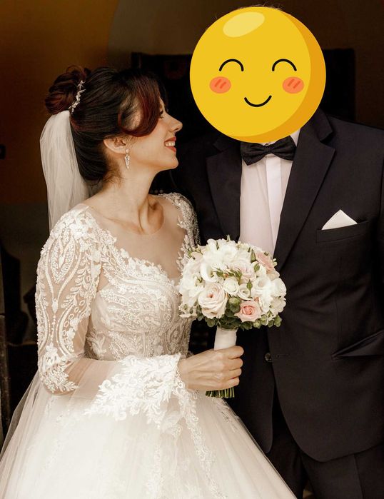 Sprzedam suknię ślubną– raz założona, księżniczka, długi rękaw +welony