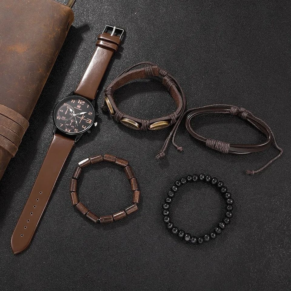 Набір Shaarms - коричневий чоловічий годинник та 4 браслети