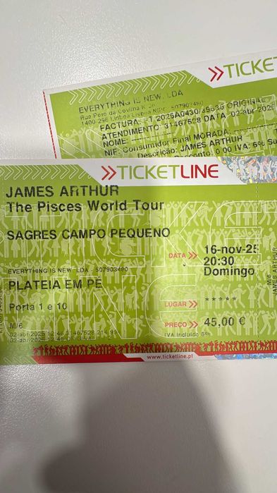 Bilhetes James Arthur - 16 Nov Campo Pequeno