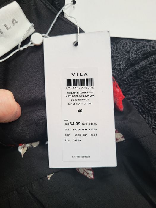 Vila maxi sukienka w kwiaty czarna długa S/M