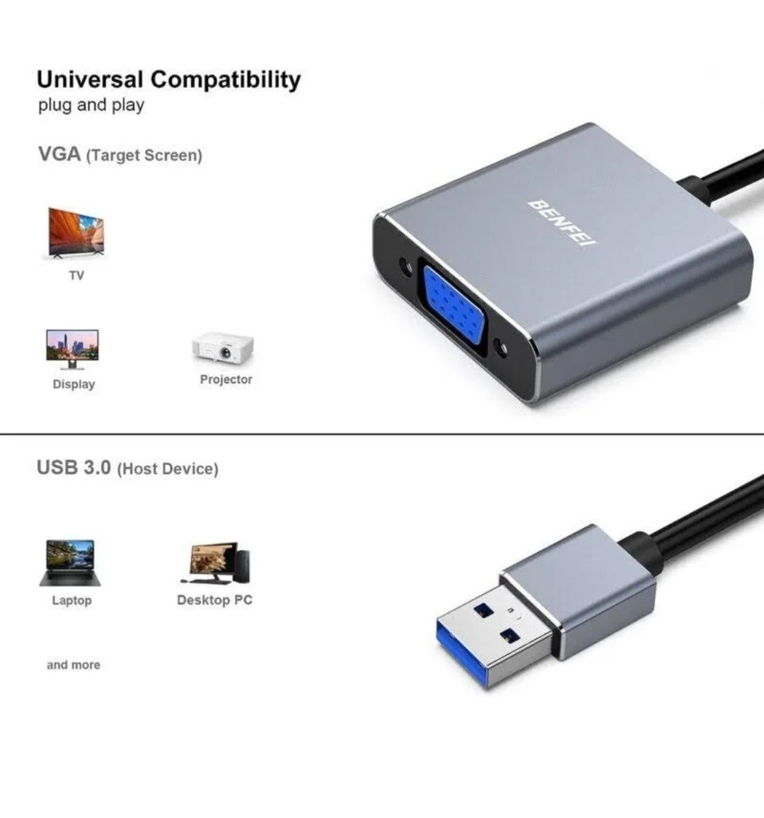 BENFEI Adapter USB 3.0 na VGA, adapter USB 3.0 na VGA męski