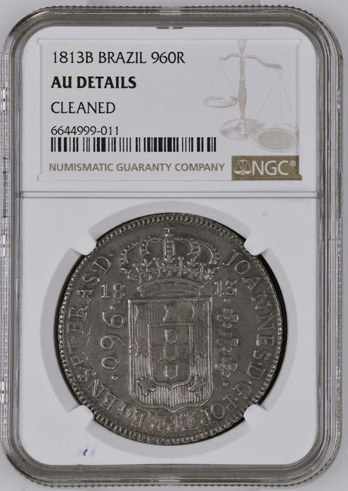 Moeda Prata Brasil 1813 B 960 Réis certificada NGC AU (Patacão)