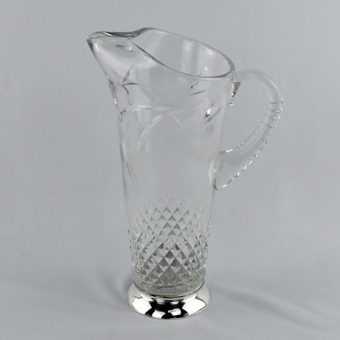 Conjunto de jarro + 9 copos em cristal e base em prata