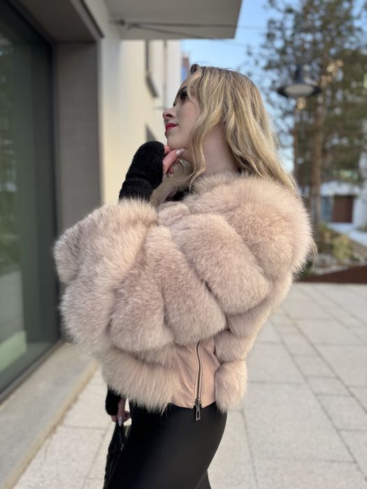 Futro naturalne z lisa pudrowy róż s 36 Mega gęste 2 w 1 krótkie