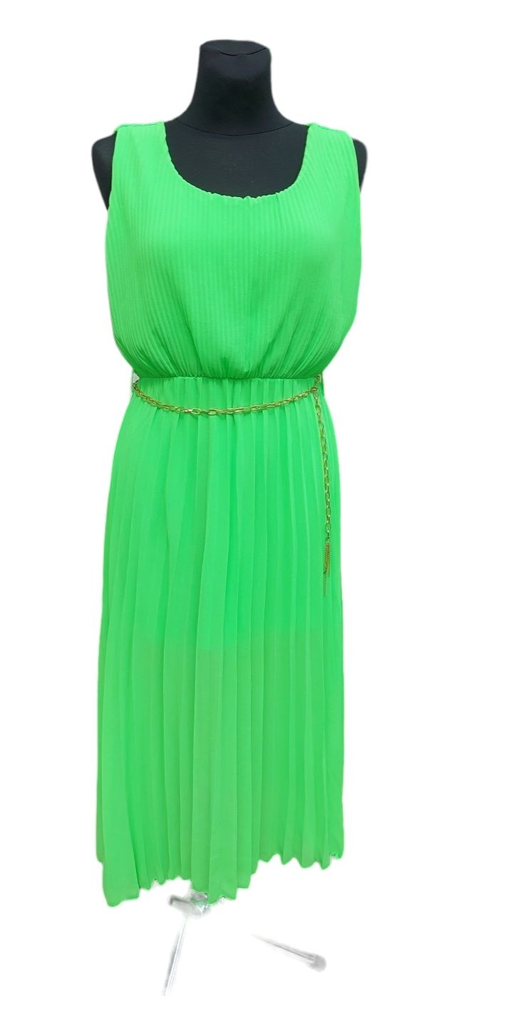 Sukienka damska bez rękawów, plisowana, neonowy zielony
