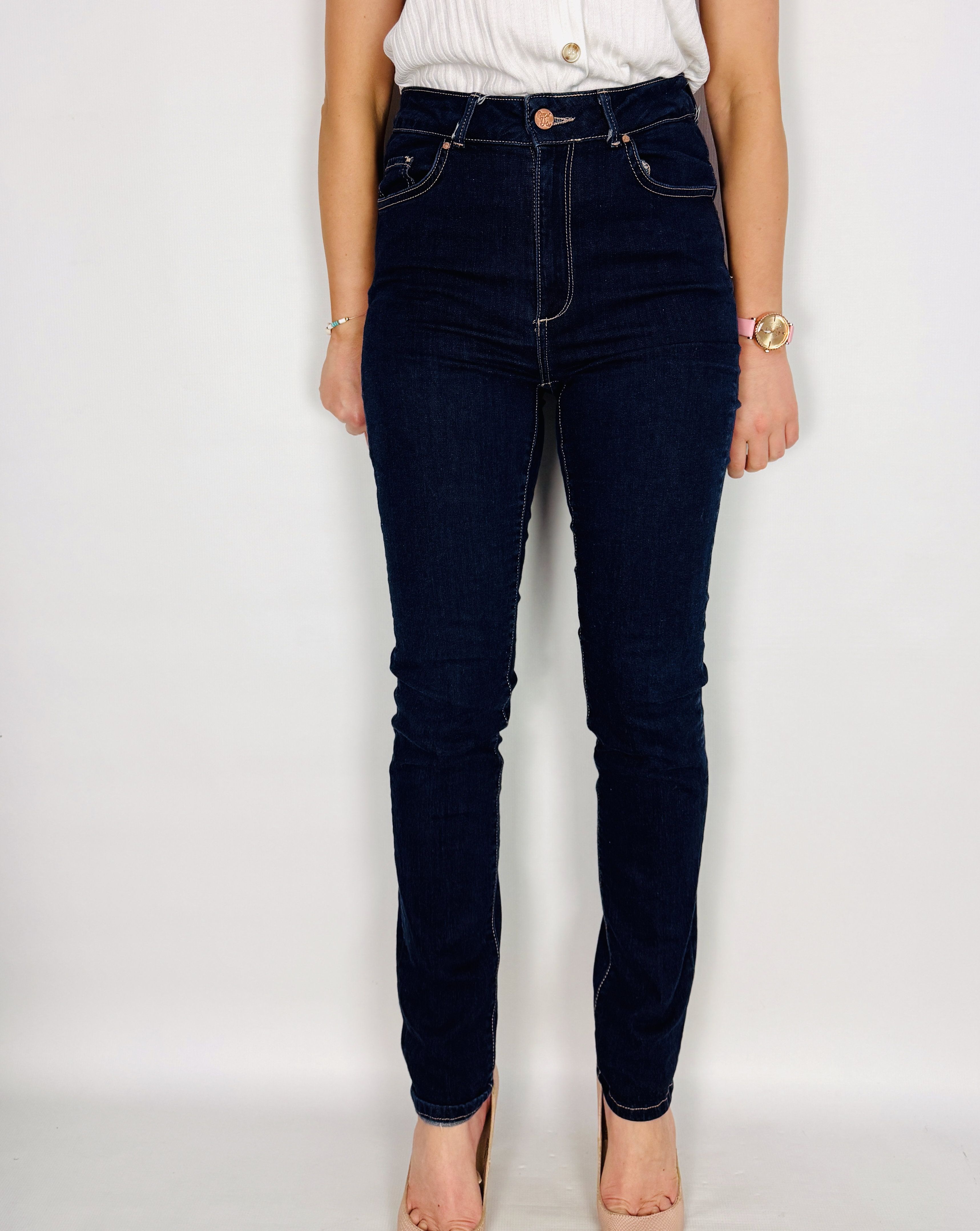 Granatowe jeansowe spodnie rurki z wysokim stanem M 38 Never Denim