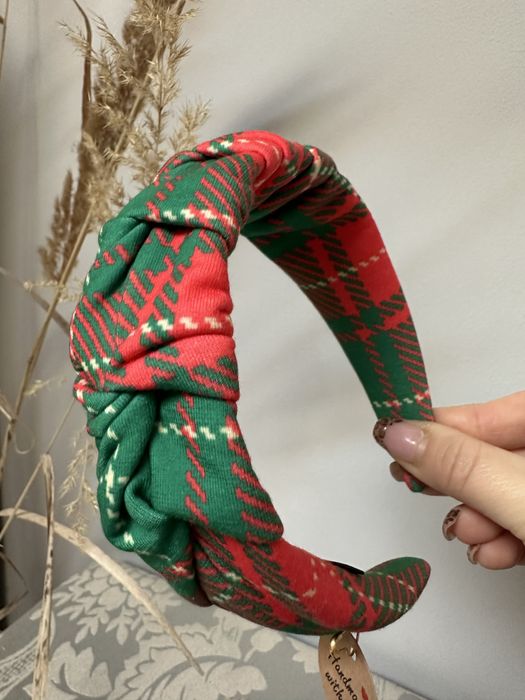 Marszczona opaska do wlosow swiateczna krata elegancka rozm uniwers.