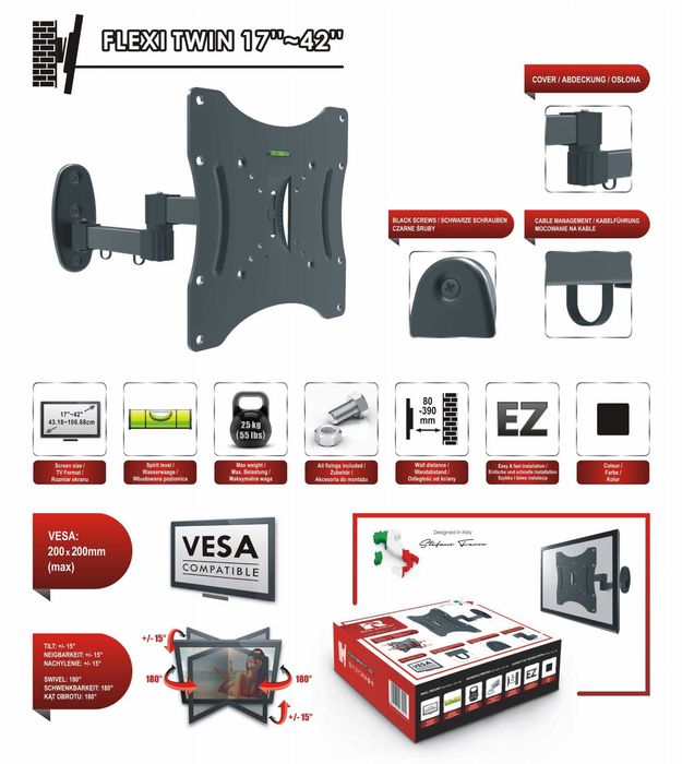 mega preço:Suporte Lcd Red Eagle Flexi Twin 17-42 25KG Vesa 200/200