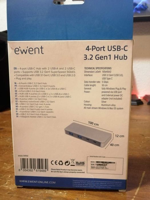 HUB USB 4 portas (2 x USB-C e 2 x USB-A) para USB-C