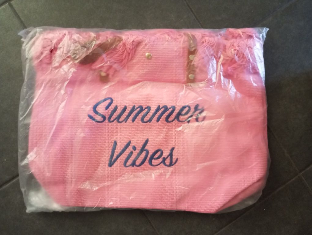 Torba plażowa BOHO z frędzlami różowa z haftem Summer Vibes NOWA