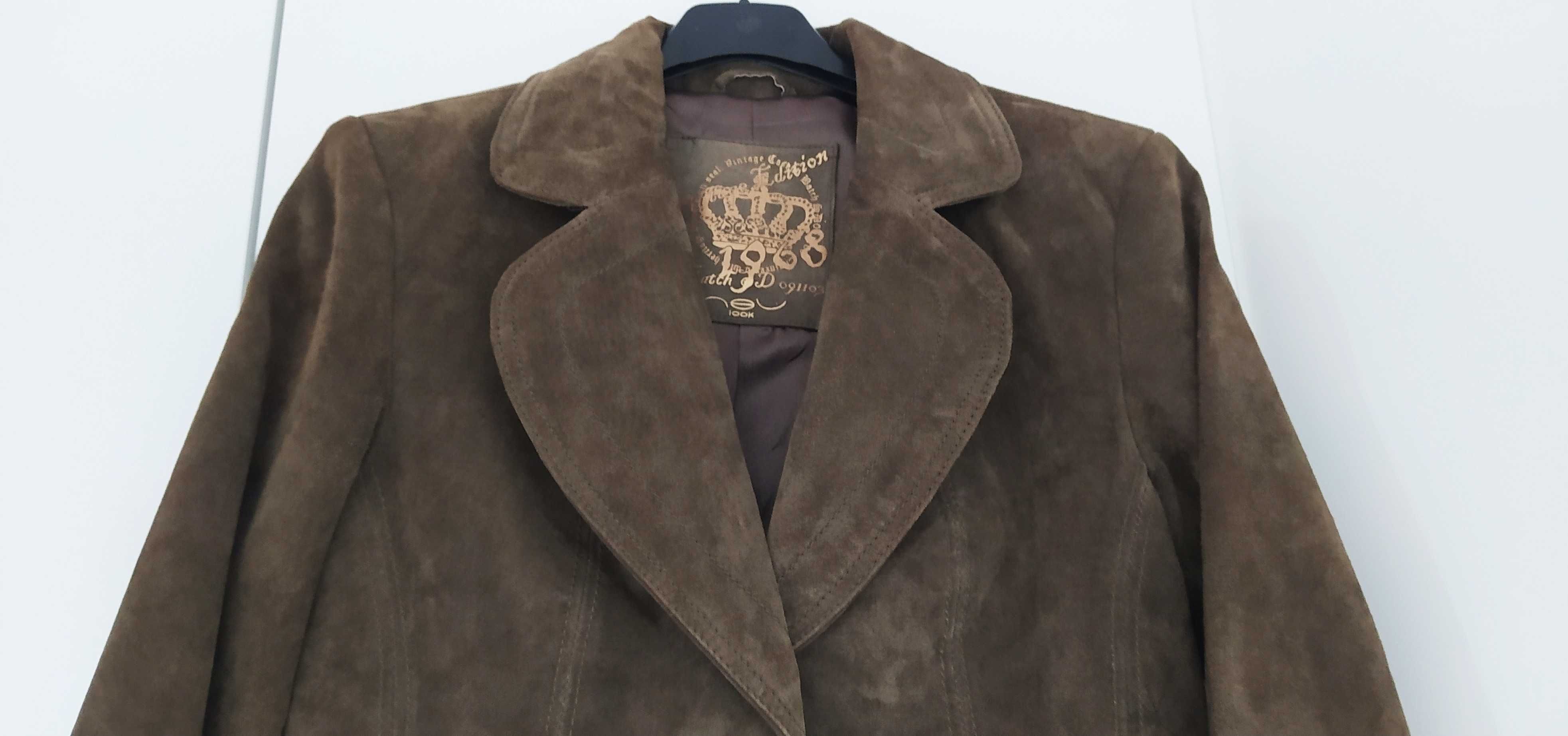 Skórzany żakiet zamsz naturalny vintage New Look rozm 10-M kolor khaki