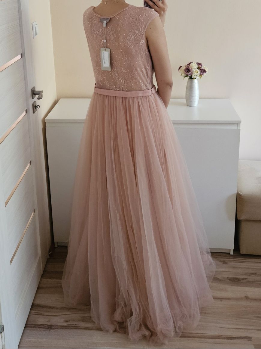 Sukienka maxi tiulowa księżniczka coast 42 XL pudrowy róż cyrkonie