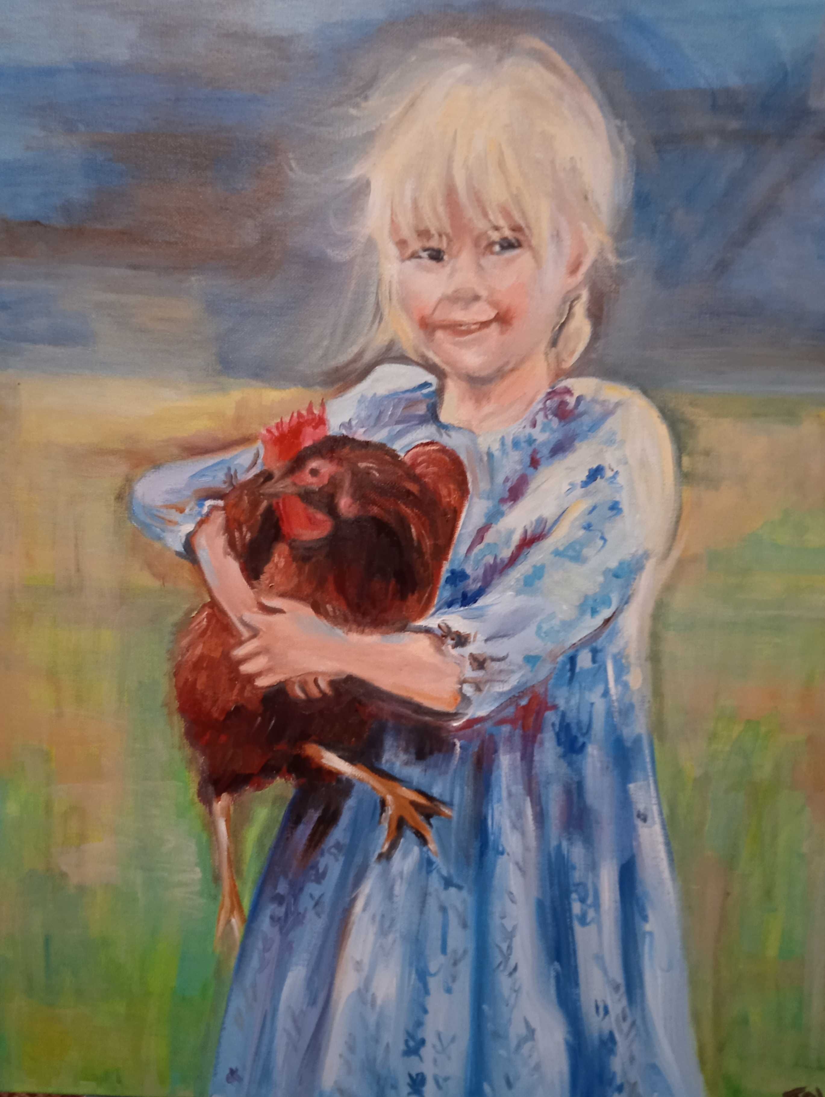 Девочка с курицей, портрет девочки  картина маслом на холсте 40х60