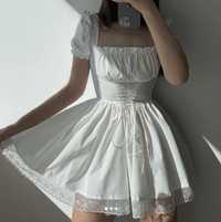 Белое платье лолита с коротким рукавом аниме стиль корсет верёвки мило